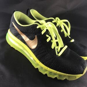Mint Condition NIKE Flyknit MAX Nike iD Mens 8 Womens 9.5 Black Gold Volt Yellow